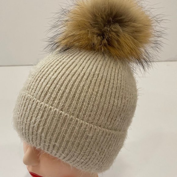 Knit Beanie Hat with Real Fox Fur Pom - Picture 1 of 2